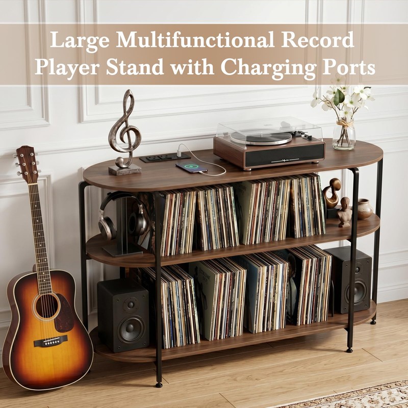 Faesun 43.3" Record Player Stand with Power Outlets, 3-Tier Vinyl