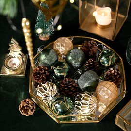 DecorbyHannah Christmas Ornaments, Green Gold Christmas Tree Decoration, 9ct 60mm Shatterproof Hanging Geometric Christmas Ball Ornament for Tree, Home Indoor Party Decor