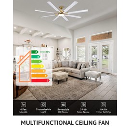 VONLUCE 72 Inch Ceiling Fans with Lights, Large Industrial Ceiling Fan and Remote, 8 Aluminum Blades, 6 Speeds Quiet Reversible DC Motor, Metal Ceiling Fan for Farmhouse Living Room Office, White Gold