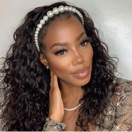 Emistar Curly Headband Wigs for Black Women Wet and Wavy Afro Headband Wig Water Wave Blend Human Hair & Synthetic Hair Ready to Go Glueless Half Wigs 180% Density (#1B, 14 Inch)