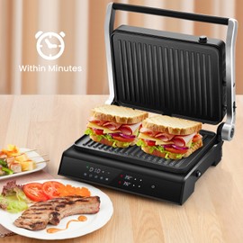 COSTWAY Electric Panini Press Grill, 1200W Gourmet Sandwich Maker w/Non-Stick Double Sided Plates & Removable Drip Tray, 3 in 1 Electric Indoor Gril, Open 180 Degrees to Fit Any Type or Size of Food