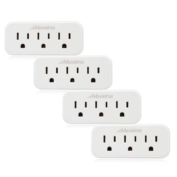Maxxima 3 Grounded Multi Outlet Adapter Wall Plug - Outlet Extender Wall Tap, Turns 1 Outlet into 3, Indoor 3 Way Plug Splitter - White - 4 Pack