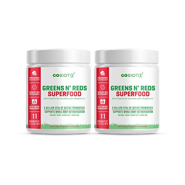 GoBiotix Super Greens Powder N' Super Reds Powder - Non-GMO Vegan Red and Green Superfood + Probiotics, Enzymes, Organic Whole Foods - Fruit and Veggie Supplement (Pomegranate Raspberry, 2 Pack)