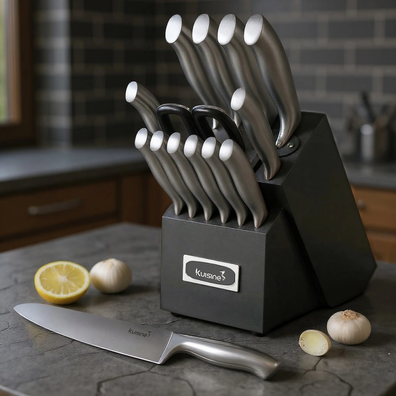 Kuisine Black 15-Piece High Carbon Stainless Steel Kitchen Knife Block