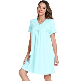 NACHILA Women's Nightgowns Short Sleeve Nightshirt V Neck Sleepdress Cool Sleepwear Soft Sleepshirt,Viscose Made from Bamboo Aqua Green L
