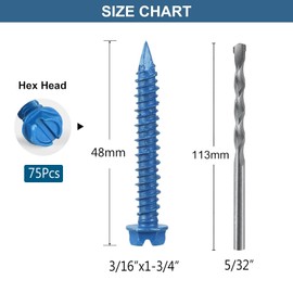 VGBUY 3/16×1-3/4 Inch 75Pcs Hex Head Concrete Screws, Screws Anchor with Drill Bit,for Masonry, Block, Brick, Cement, Stacoo, No Pre Drilling, Diamond Point