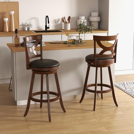 COSTWAY Bar Stools Set of 2, 30.5” 360-Degree Swivel Chairs with Soft Cushion & Elegant Hollow Backrest, Rubber Wood Footrests, Upholstered Swivel Bar Stools for Kitchen Island, Pub, Café (2, 30.5‘’)