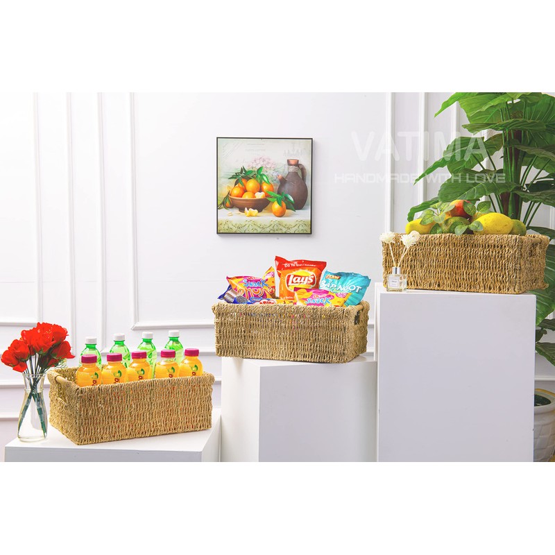 Large Natural Wicker Basket Rectangular with Wooden Handles, Seagrass Storage