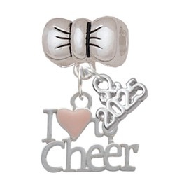 Delight Jewelry Silvertone I love to Cheer with Pink Heart - Silver-tone Bow Charm Bead Dangle with Mini 2025