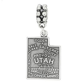 LGU Sterling Silver Oxidized Dangling European Bead Travel State Map of Utah Bead Charm