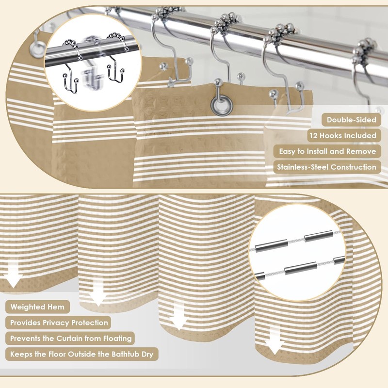 Britimes Beige Stripes Bathroom Sets with Shower Curtain and Rugs,