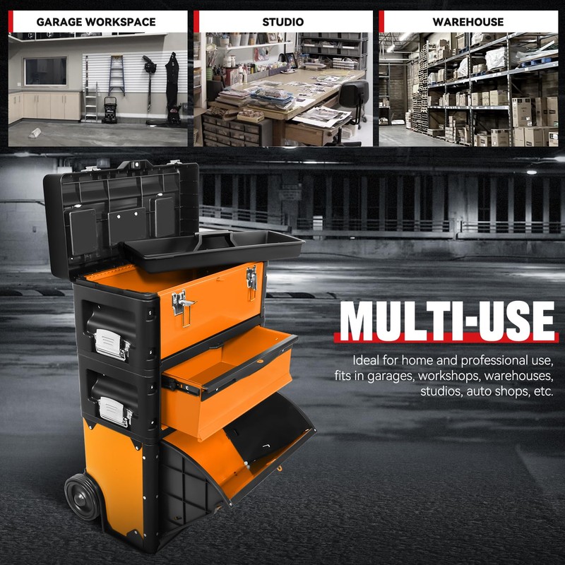 Auto Dynasty Stackable Tool Box 3-Tier Tool Separate Organizer Rolling