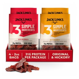 Jack Link's Thinly-Sliced Steak Multipack - Made with 3 Simple Ingredients - Original & Hickory Smoked - (4 Pack) 2 oz Bags - Ready to Eat, Simple Protein Snack - 31g Protein per Package