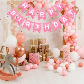 Rose Gold Happy Birthday Banner Glitter Birthday Sign for Backdrop Rose Gold Birthday Decorations for Girls Women Birthday Party Wall Door Garland Bunting Banner Rose Gold Party Supplies