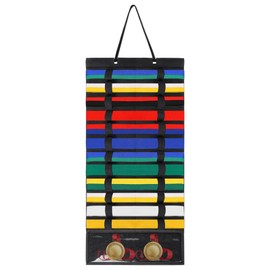 Klmnop 12 Belts Karate Belt Display Rack, Felt Hanging Martial Arts Belts Holder with PVC Medals Pocket, Taekwondo Belt Display for Martial Arts Learners(Black)