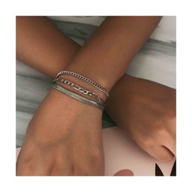 Yheakne Punk Layered Chain Bracelet Silver Snake Chain Bracelet Vintage Figaro Chain Bracelet Thick Curb Link Chain Bracelet Gothic Hand Chain Jewelry for Women and Girls (Silver)