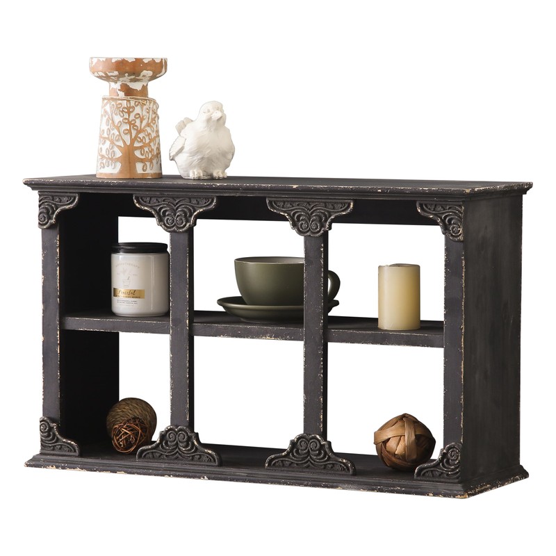 SOFE Distressed Black Floating Shelf with Carved Accents, 3-Tier Wall