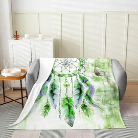 Erosebridal Bohemian Turquoise Tie Dye Dreamcatcher Throw Blanket Twin 60x80,Tribal Dream Catchers Home Decor Blanket,Feathers Butterfly Wild Animals Fleece Blanket,Green Watercolor Fuzzy Blanket