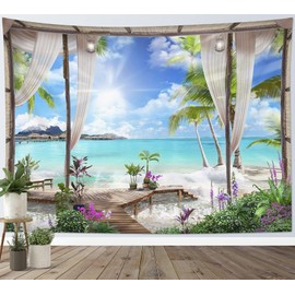 LB Tapestry Turquoise Ocean Wall Towel Beach Wall Hanging Tropical Island Landscape from Balcony Tapestry for Living Room Bedroom Dorm Wall Decoration 235 x 180 cm