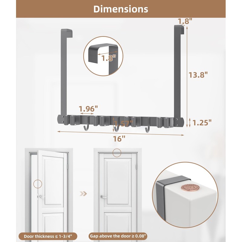 Broom Holder Over The Door-304 Stainless Steel Mop and Broom