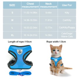 shudyear Summer cat Chest Harness and Leash, Anti-Escape Adjustable Soft mesh cat Leash and Chest Harness Set for All Types of Cats cat Vests (Size S, Sky Blue)