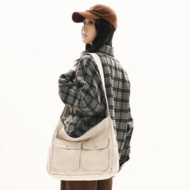 Youjaree Canvas Messenger Bag Large Hobo Crossbody Bag for Women and Men Canvas Shoulder Tote Bag with Multiple Pockets for Work (Beige)