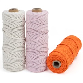 LEREATI Macrame Yarn 3 mm Set, 150 m Macrame Cord, Coloured Cotton Rope, Cotton Yarn 3 mm for Macrame Decoration, Hanging Plant, Wall Hanging, Wedding Arch (Natural, Pink, Orange)