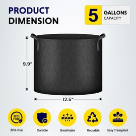 iPower 5-Gallon 5-Pack Grow Bags Fabric Aeration Pots Container with Strap Handles for Nursery Garden and Planting(Black)