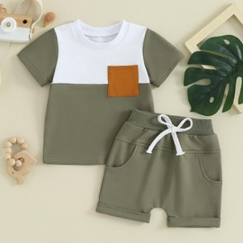 Toddler Baby Boy Summer Outfit Contrast Color T Shirt Tops with Elastic Waist Shorts Cute Infant Newborn Clothes Set (Army Green, 0-6 Months)