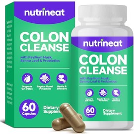 NutriNeat Colon Cleanse, Gut Cleanse, Zeolite Detox, Colon Support Supplement Containing Cascara Sagrada, Senna Leaf and Psyllium Husk, Herbal Formula for Digestive Balance &Regularity（60 Capsules）