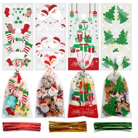 VEYLIN 120 Pieces Christmas Cellophane Bags Candy Bags with 150 Twist Ties for Christmas Party Supply