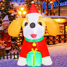 COMIN 5 FT Christmas Inflatables Dog Outdoor Decorations Blow Up Yard Present Box with Built-in LEDs for Indoor Party Garden Lawn Decor