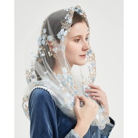 YuRongsxt - Velo capilla de encaje Mantilla Infinity Velo multicolor bordado estilo flor de cerezo latino Mass M7, Marian Blue+Pale Gold, Talla única