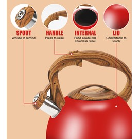 Foedo Stovetop Whistling Tea Kettle 3.2 Quart - Red Gradient Stainless Steel with Wood Grain Handle, Loud Whistle Kettle for Boiling Water, Coffee & Milk, Easy-Pour Spout Classic Design (Red)