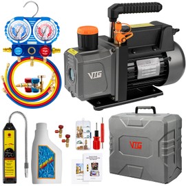 VTG VOGTEN 4.5 CFM AC Vacuum Pump and Gauge Set,for Mini Split/HVAC/Auto Systems,Manifold Gauge Kit Fits R134a R12 R22 R410a,with Leak Detector,Core Depressor Valves,R134a Can Tap,Storage Case