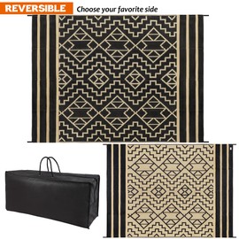 SAND MINE Reversible Mats, Plastic Straw Rug, Modern Area Rug, Large Floor Mat and Rug for Outdoors, RV, Patio, Backyard, Deck, Picnic, Beach, Trailer, Camping (9' x 12', Black & Beige)