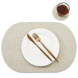 Oval Table Mats Set of 6, Faux Leather Placemats, Heat Resistant & Waterproof(Beige)