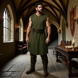 JIEFULL Mens Medieval Costume Viking Pirate Tunic Knight Sleeveless Lace up Shirts Renaissance Warrior Tops Without Belt(L,Army)
