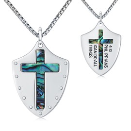 Knights Templar Necklace 925 Sterling Silver Armor of God Necklace for Men Women Shield of Faith Necklace Abalone Shell Cross Shield Pendant