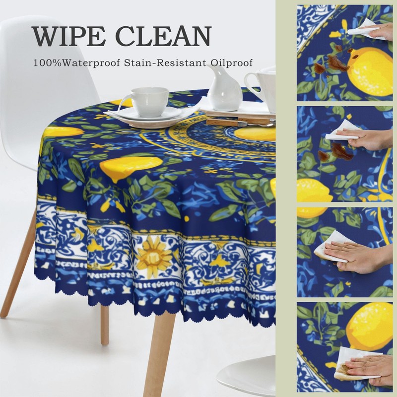 Ecixzyo Lemon Round Tablecloth 60 Inch Polyester Washable Table Cover