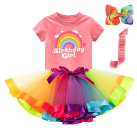 K-Acc Rainbow Birthday Girl Outfit – Shirt, Tutu Skirt, Hair Bow, Satin Sash – Costume for Girls Birthday Party (8 Years, Rainbow 1)