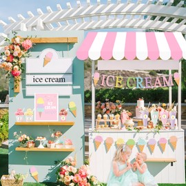 Ice Cream Party Stand Decor Kit, Summer Sundae Kids Playstand Play Shop ICE CREAM Banner Waterproof Canopy Table Sign Cups Tag Stickers, DIY Ice Cream Themed Party Shop Cart, Girls Boys Role Play