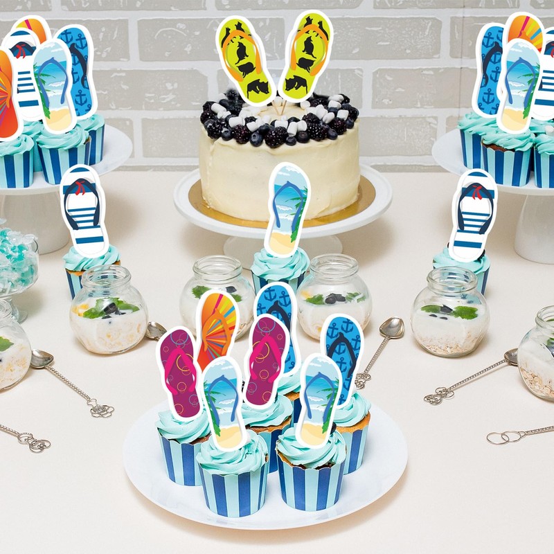 48pcs Beach Slippers 6 Shape Cupcake Toppers - Summer Hawaii