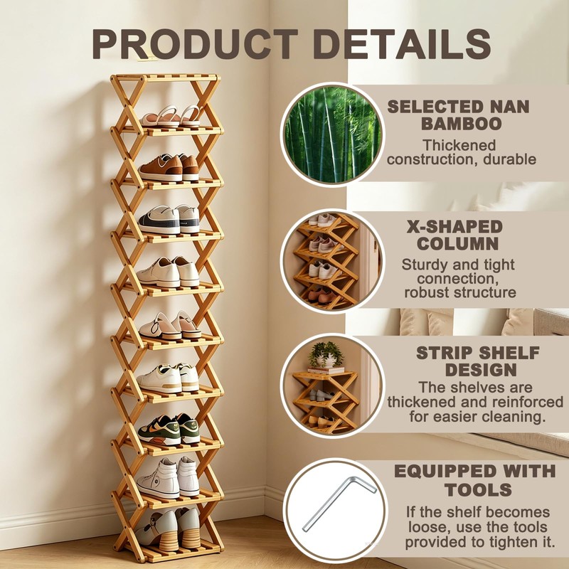 10 Tier Bamboo Shoe Rack, Foldable 10 Tier Bamboo Corner