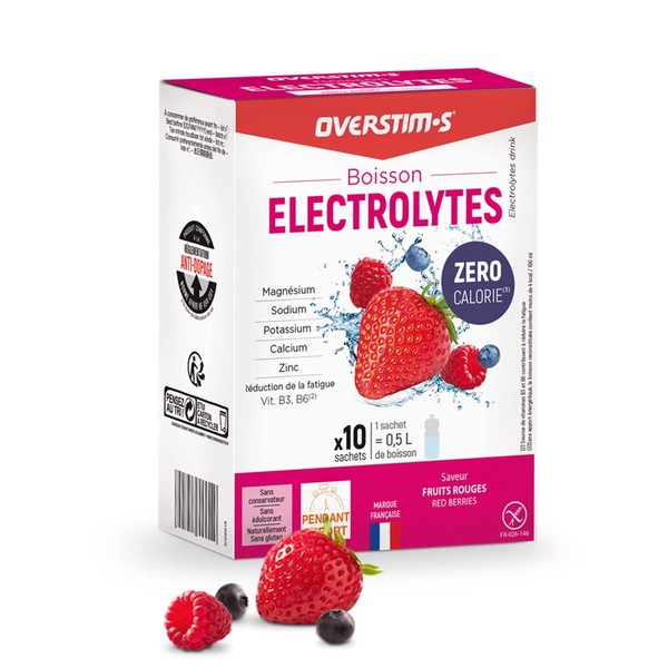 Overstim.s - Electrolytes drink (10 sachets) - Zero Calorie - 4 Electrolytes (Sodium, Calcium, Magnesium, Potassium) - 5 Vitamins (B1, B2, B3, B6, C) - Red Fruits