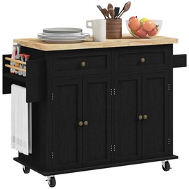 HOMCOM Kitchen Island on Wheels, Rolling Cart with Rubberwood Top, Spice Rack, Towel Rack and Drawers for Dining Room, Distressed Black