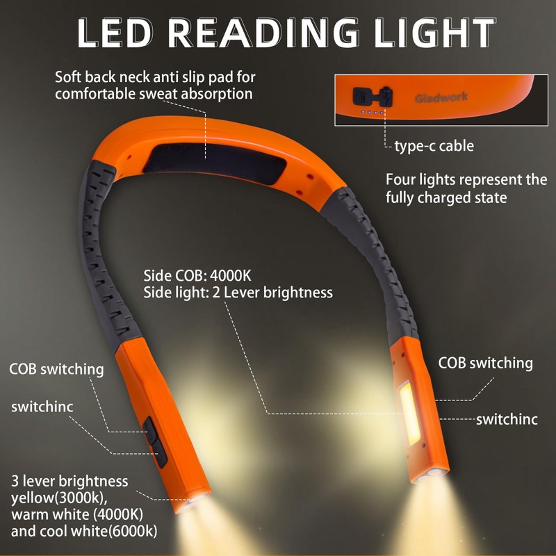 Gladwork Neck Light,Book Lights for Reading at Night,3 Modes 4