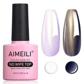 AIMEILI Hema Free Gel Nail Polish Pearl Top Coat, Cruelty Free, Vegan, 2 In 1 Pearlescent Glitter Glossy Shiny No Wipe Gel Top Coat 009