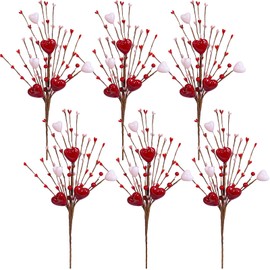 Winlyn 6 Pcs Artificial Red Heart Berry Valentine Picks Heart Shaped Floral Picks Pip Berry and Heart Sprays Artificial Red Berry Flower Stems 16.5" for Valentine's Day Gifts Wreath Floral Arrangement