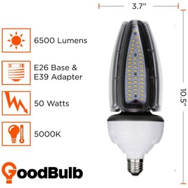50W Acorn Light Retrofit LED Light Bulb | 200W Equivalent | High Output 6500 Lumens | E26 Base & E39 Base Adapter 5000K Daylight | 360° HID | Long Term Care Lighting | 2 Pack by GoodBulb